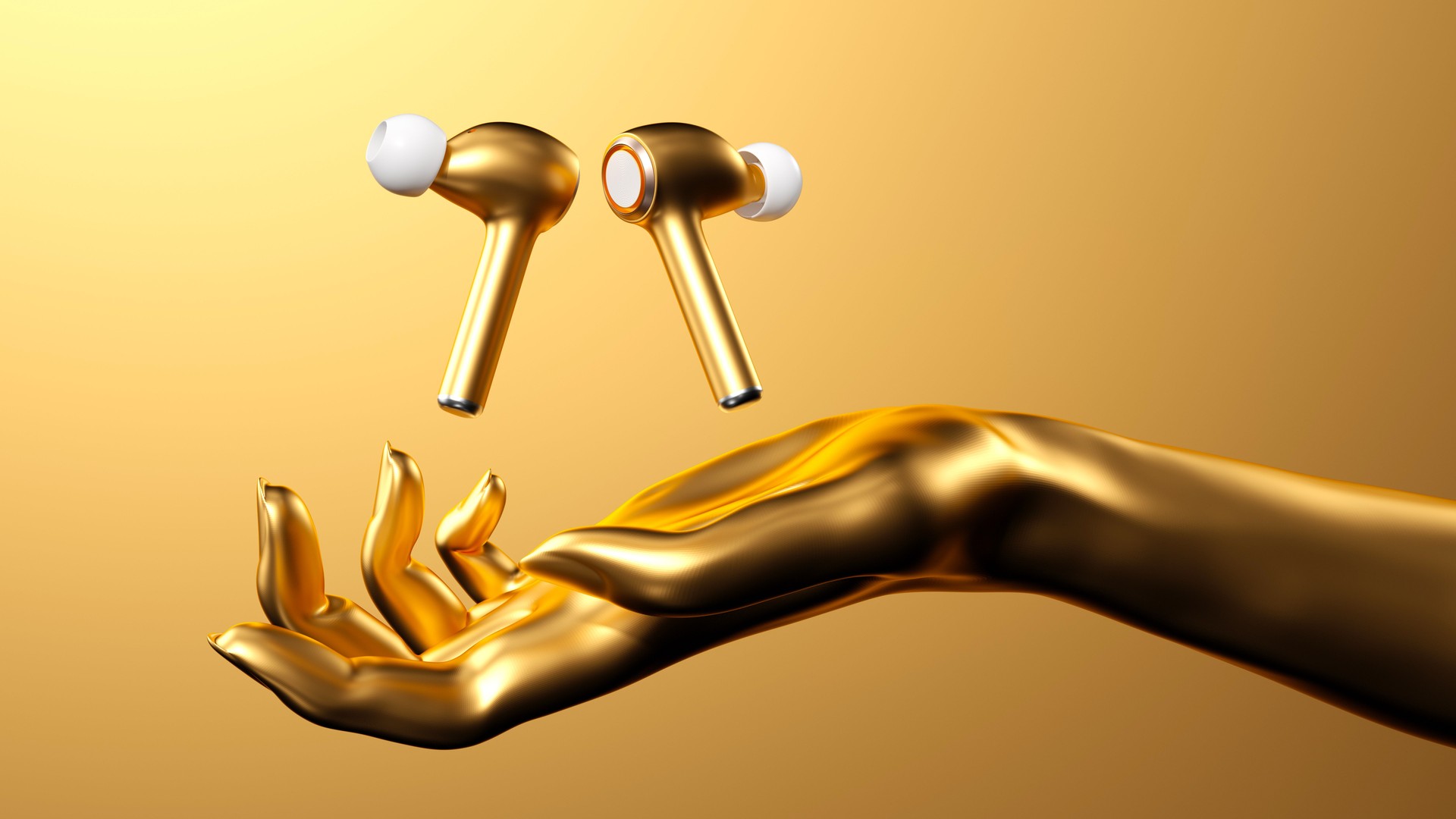 Floating Golden Wireless Headphones Lifted by a Large Hand in a Conceptual 3D Renderingc